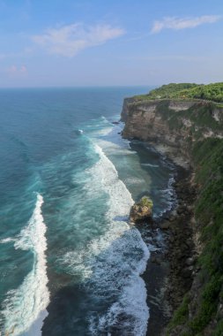 Endonezya 'nın Bali kentindeki Uluwatu uçurumunun manzarası. Pura Luhur Uluwatu Tapınağı 'nın güzel manzarası. Gün boyunca renkli çiçekler ön planda. Yüksek uçurumun manzaralı kıyı manzarası.