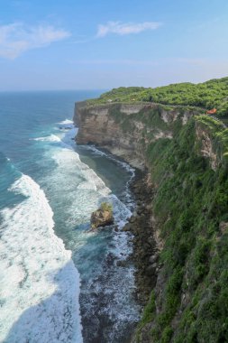 Endonezya 'nın Bali kentindeki Uluwatu uçurumunun manzarası. Pura Luhur Uluwatu Tapınağı 'nın güzel manzarası. Gün boyunca renkli çiçekler ön planda. Yüksek uçurumun manzaralı kıyı manzarası.