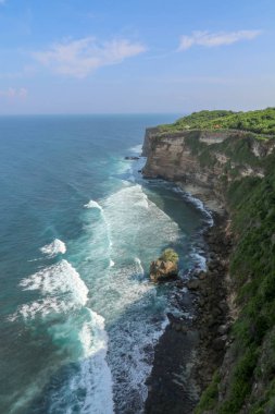 Endonezya 'nın Bali kentindeki Uluwatu uçurumunun manzarası. Pura Luhur Uluwatu Tapınağı 'nın güzel manzarası. Gün boyunca renkli çiçekler ön planda. Yüksek uçurumun manzaralı kıyı manzarası.