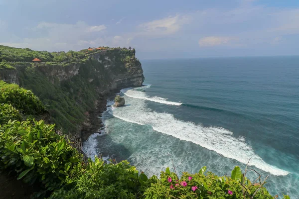 Przegląd Panorama Brzeg Oceanu Klif Przytłoczona Scena Kwiat Zielony Capped — Zdjęcie stockowe