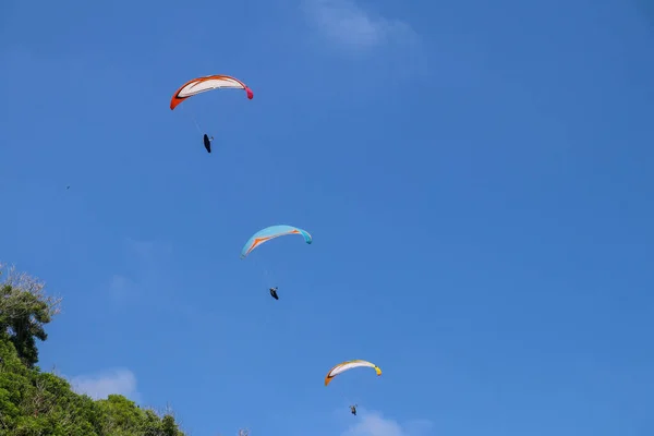 Parapente Dans Ciel Trois Parapentistes Solitaires Survolant Île Tropicale Bali — Photo