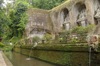 Udayan Hanedanı 'nın kraliyet mezarlarında kutsal suyla dolu Gargoyles. Gunung Kawi Tapınağı 'ndaki antik kraliyet mezarları. Taş kayalıklara oyulmuş kraliyet mezarları etrafında toplanmış cenaze kompleksi, Bali.