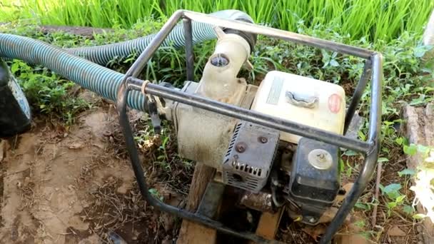 Eine Wasserpumpe Mit Benzinmotor Schöpft Wasser Aus Einem Brunnen Und — Stockvideo