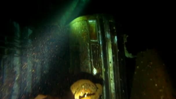 Scuba Divers Swimming Explore Shipwreck Deep Underwater Secret Sunken Ship — Stock Video