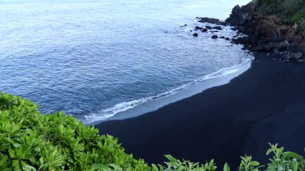 从空中俯瞰巴厘岛的黑色火山灰海滩 印度洋海岸上美丽的沙滩 沙滩上有细沙 俯瞰全景 — 图库视频影像