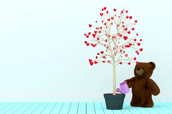 Osito de peluche regando un árbol de amor — Foto de Stock