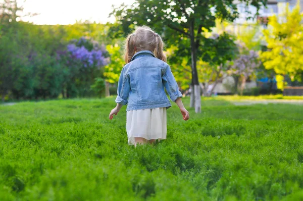 Horisontellt foto av en liten rödhårig flicka för en promenad i en bea — Stockfoto