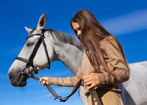 Horizontal photo of a girl with a horse against a blue sky — 스톡 사진