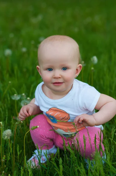Vertical photo of baby on a background of dandelion field — Stock Photo, Image