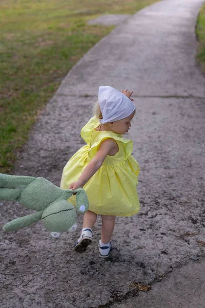 Pionowe zdjęcie małej dziewczynki spacerującej po drodze z miękkim — Zdjęcie stockowe