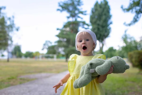 Horizontaal portret van een klein meisje met een zacht speeltje in haar hand — Stockfoto