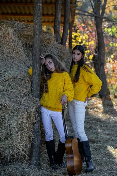 Foto vertical de duas meninas em blusas amarelas brilhantes contra th — Fotografia de Stock