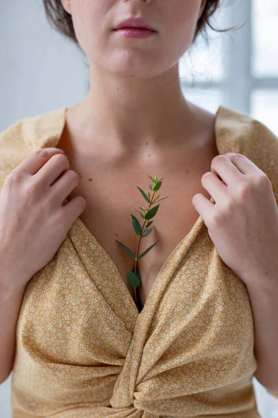 Mädchen Einem Kleid Mit Schönem Ausschnitt Steht Mit Einem Zweig — Stockfoto