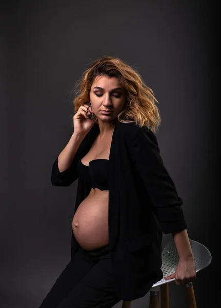 Pregnant Woman Black Underwear Black Pantsuit Sitting High Chair Half — Stock Photo, Image