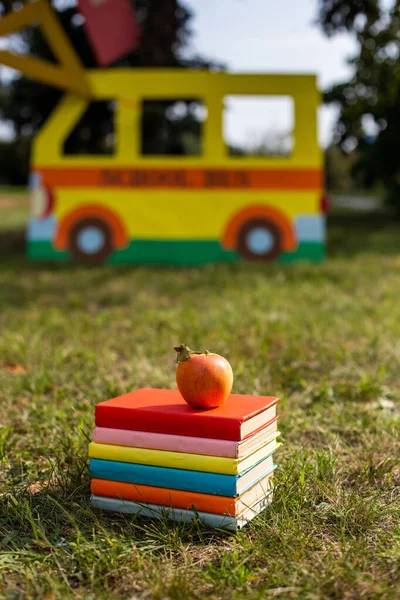 Bir Yığın Renkli Kitap Kırmızı Elma Parkın Arka Planındaki Parlak — Stok fotoğraf