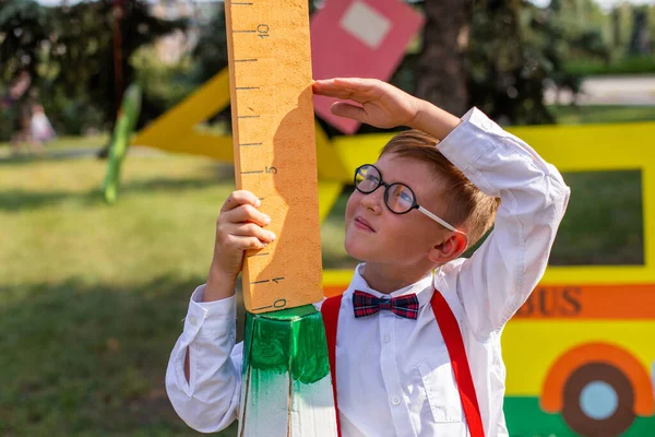 Ein Sechsjähriger Junge Einem Schönen Grünen Park Misst Seine Körpergröße — Stockfoto