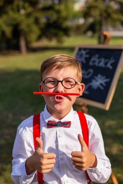 少年はまるで口ひげを生やしたかのように鼻の下に鉛筆を持っています — ストック写真