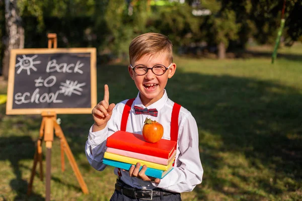学校の制服を着た少年が本とリンゴを手にした緑の牧草地に立っています — ストック写真