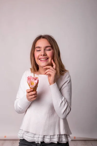 Teenager Girl Laughs Closed Eyes Ice Cream Horn Hand — Stock Photo, Image