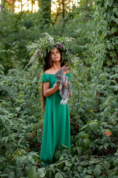 Menina Vestido Verde Longo Com Uma Coroa Flores Cabeça Fica — Fotografia de Stock