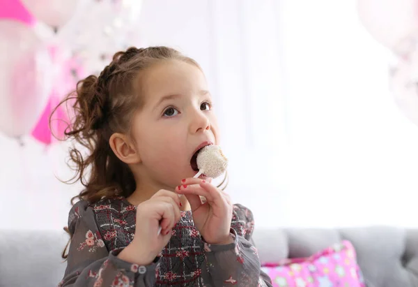 Pretty Curly Girl Gray Flower Dress Eats Candy Stick Pleasure — Stock Photo, Image