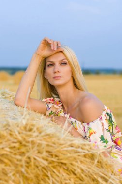 Çırılçıplak omuzlu, çok renkli bir elbise giymiş dalgın bir sarışın samanlığın yanında, arka planda ve gökyüzünde duruyor.