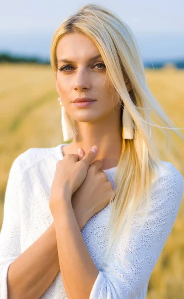 Lovely Tender Young Blonde White Dress Looking Camera — Stock Photo, Image