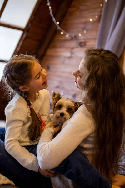 女孩和她的母亲以及她的狗正坐在一座木头房子的顶层卧室里 — 图库照片