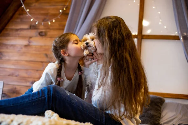 Mutter Und Tochter Küssen Ihren Hund Der Auf Dem Bett — Stockfoto
