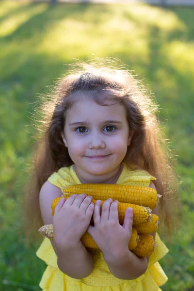 Funny Cute Baby Girl Long Curly Hair Stands Summer Park — Stock Photo, Image