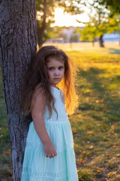 Söt Liten Flicka Med Långt Lockigt Hår Står Park Nära — Stockfoto