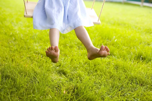 Barefoot Child Swings Summer Garden — Stock Photo, Image