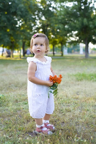 Jolie Bébé Dans Une Combinaison Coton Blanc Tient Milieu Parc — Photo