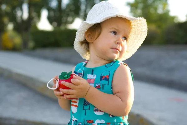 面白い1歳の赤ちゃん青いドレスの女の子と白いパナマは彼女の手に明るい赤いおもちゃで夏の公園の道に立っています — ストック写真