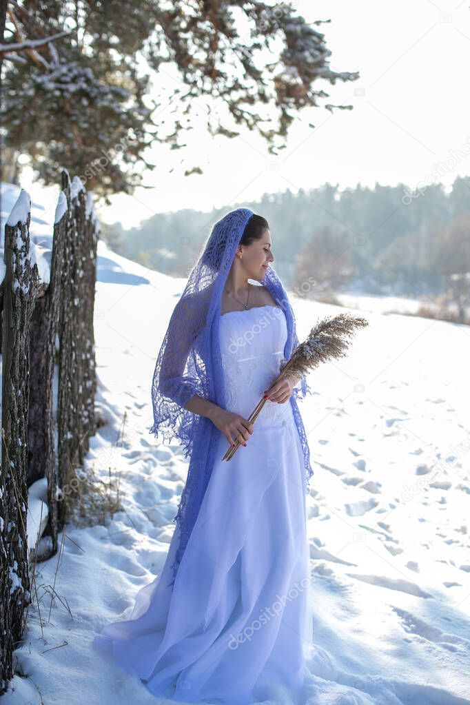 nice girl in a long white dress stands covered with a light purple openwork shawl against the background of a winter landscape with a bouquet of dry plants in her hands