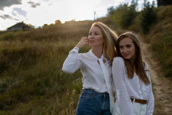 Two Beautiful Adult Sisters White Blouses Standing Next Each Other — Stock Photo, Image