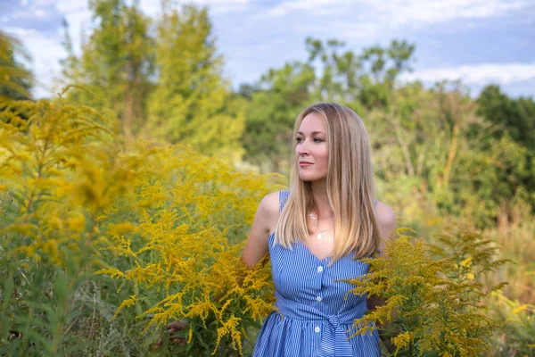 Nachdenkliche Blondine Steht Umgeben Von Blühenden Wildpflanzen Vor Blauem Himmel — Stockfoto