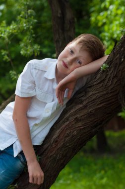 Yaz parkındaki bir ağaca yaslanmış gündelik giysiler içinde kızıl saçlı bir genç.