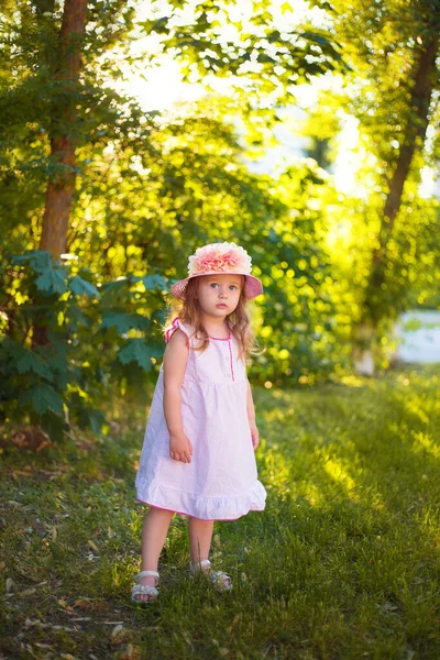 Hübsches Zweijähriges Baby Mit Rosa Hut Und Blumen Steht Einem — Stockfoto