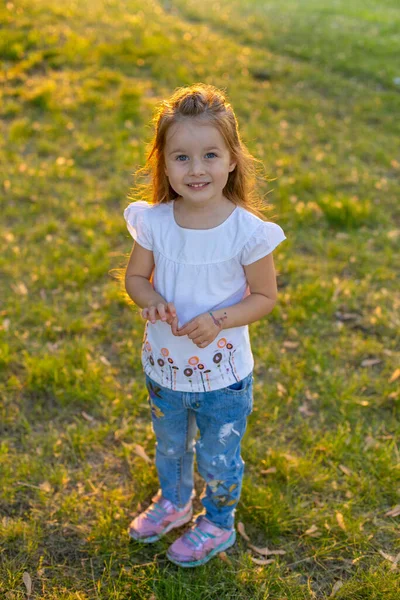 Nettes Dreijähriges Mädchen Steht Bei Sonnenuntergang Sommerpark Und Blickt Die — Stockfoto