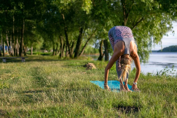 Jovem Mulher Esbelta Uma Meia Calça Apertada Fica Asana Parque — Fotografia de Stock