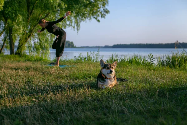Jonge Vrouw Oefent Yoga Een Grasachtige Rivieroever — Stockfoto