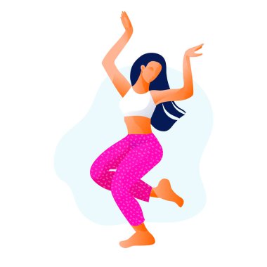 Fitness stüdyosu temsilciliğinde dans eden mutlu dansçı kız ya da kadın..