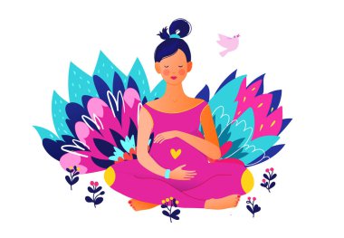 Yoga yapan hamile bir kadın. Aktif, hamile kadın karakteri.. 