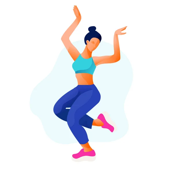 Feliz salto chica bailando o mujer bailando en fitness studio vector ilustración . — Archivo Imágenes Vectoriales