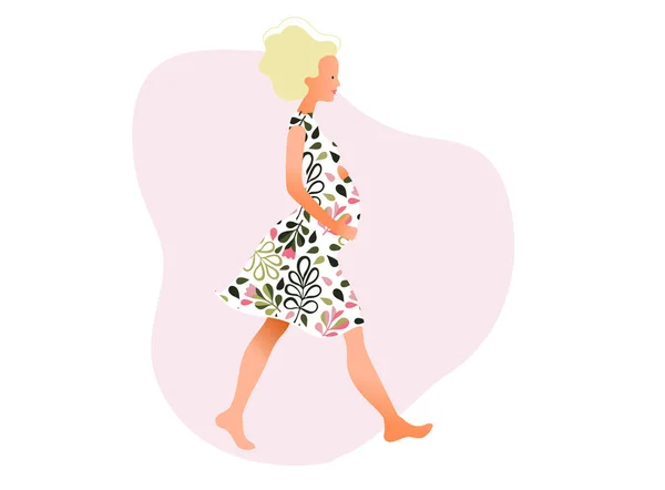 Joyeux jeune femme enceinte marchant dans le beau jardin. Caractère féminin enceinte bien ajusté actif . — Image vectorielle