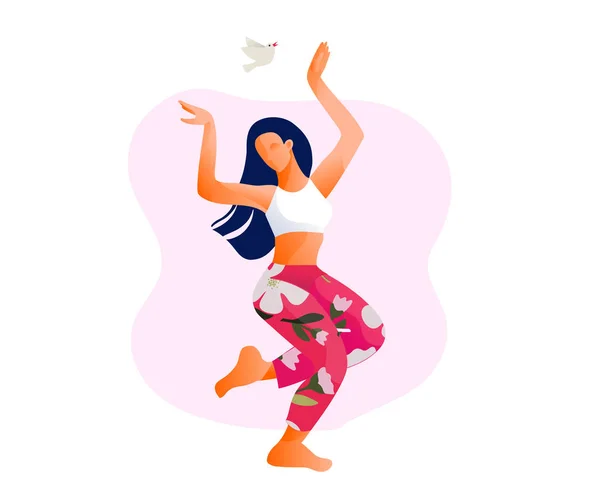 Feliz chica bailando o mujer bailando en fitness studio vector ilustración . — Archivo Imágenes Vectoriales