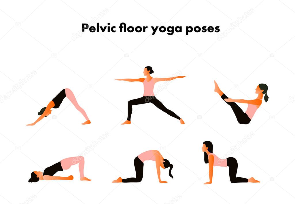 Pelvic floor yoga poses. Woman health. Yoga asanas. 