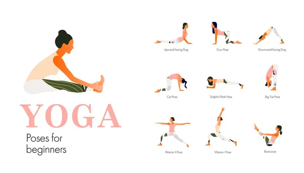 Een set yoga houdingen vrouwelijke figuren voor beginners. — Stockvector