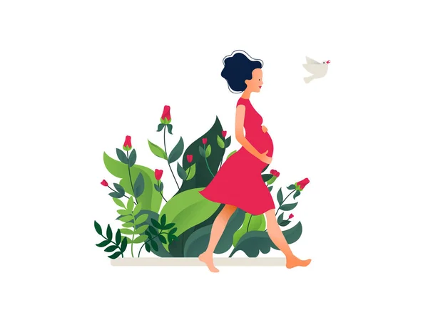 Happy young pregnant woman walking in the beautiful garden. Active well fitted pregnant female character. — Stock Vector